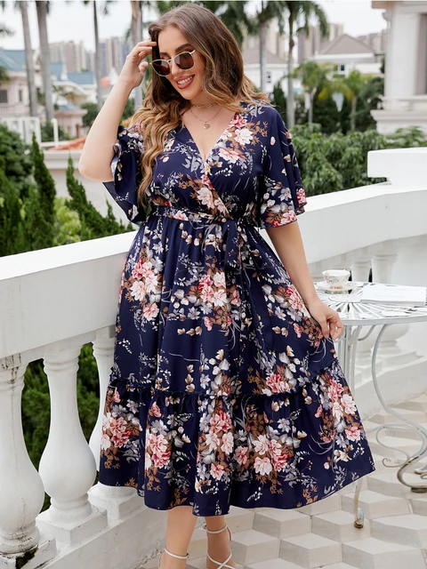 Plus Size Casual Dresses for Women 2023 Female V Neck Short Sleeve Floral  Print Ruffles Boho Beach Sundress - AliExpress