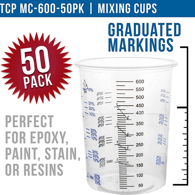 50Piece Graduated Plastic Mixing Cups-Use For Paint, Resin, Epoxy, Art Disposable Flexible Clear