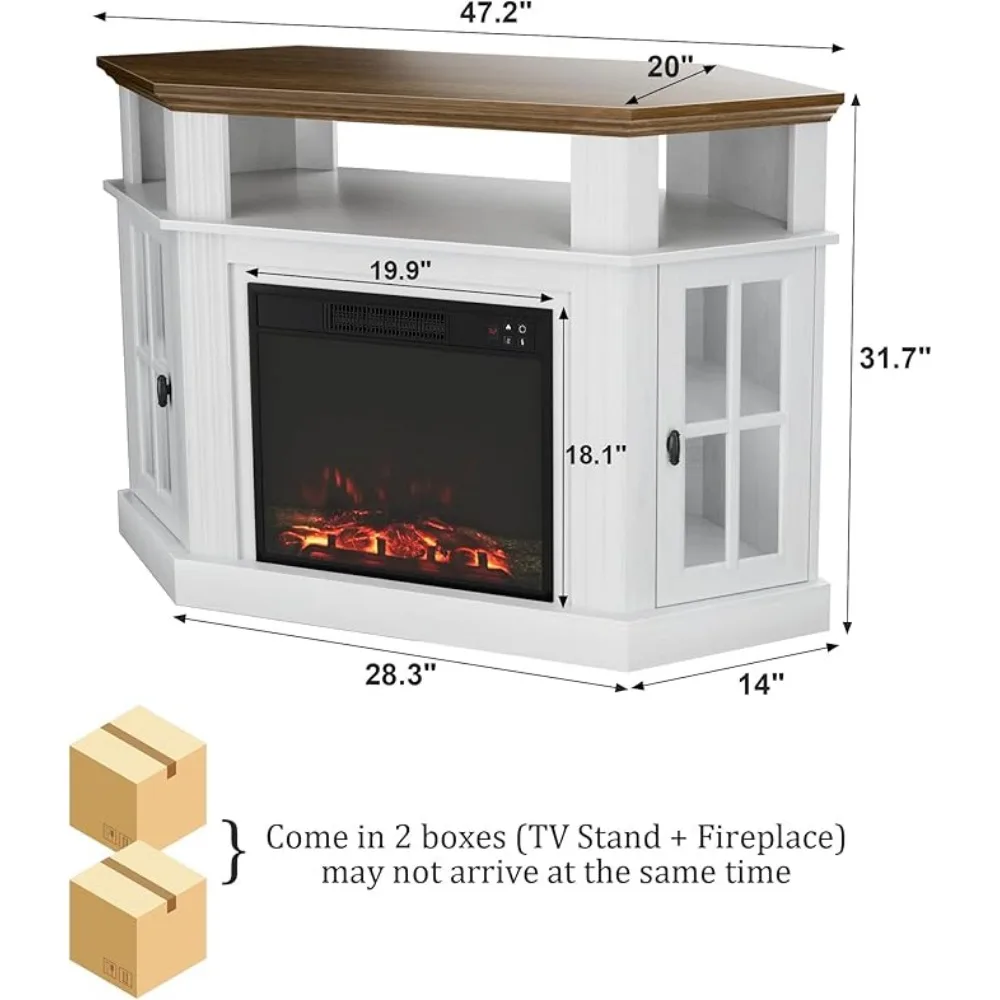 Fireplace Corner TV Stand, Entertainment Center with 18" Fireplace, TV Console Table with Glass Door Storage Cabinet (White) 5