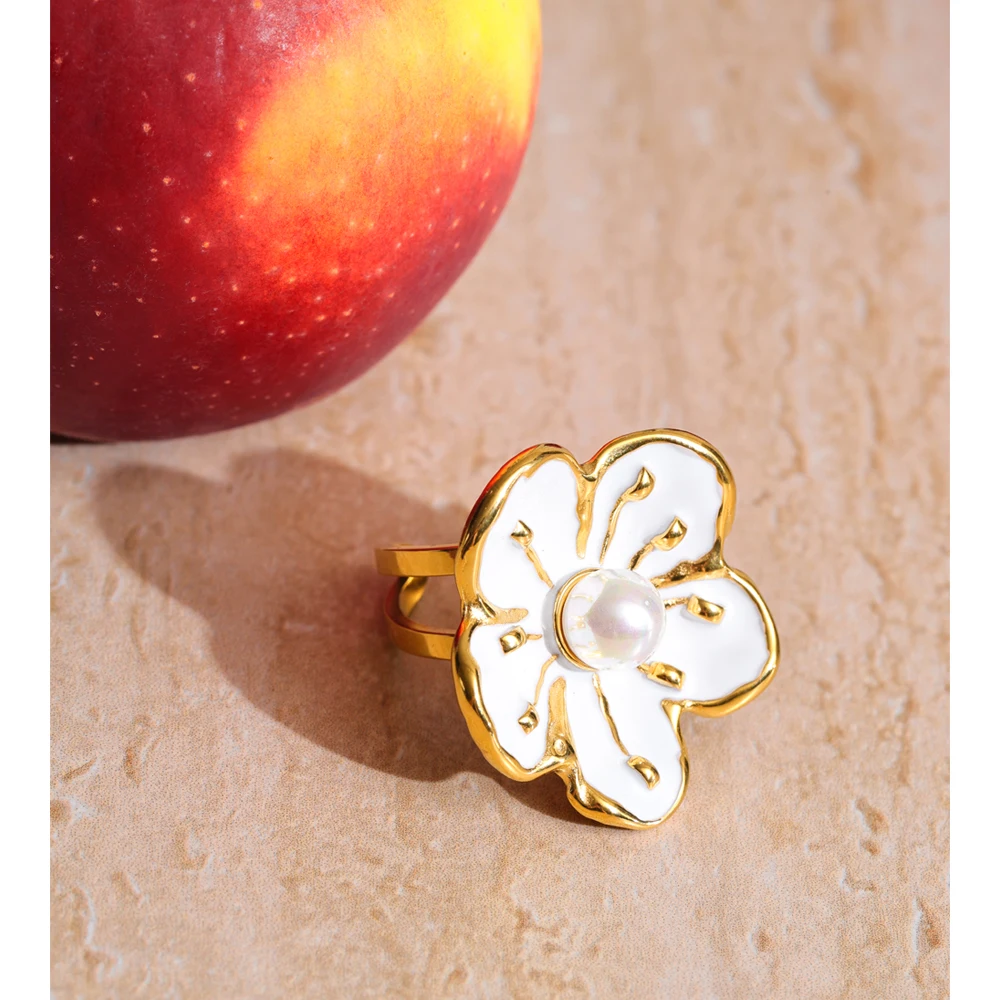 Yhpup Earrings Ring Set White Enamel Pearl Korean Flower