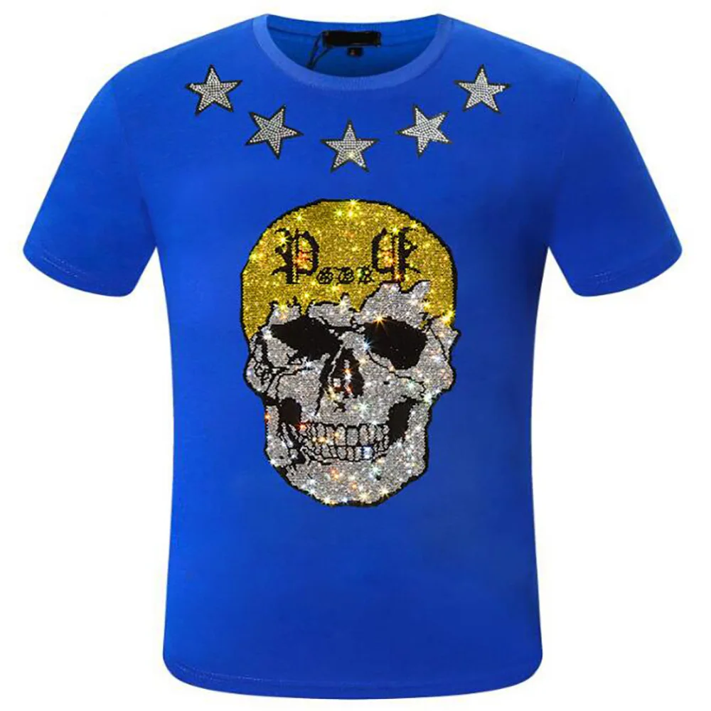 

Summer Rhinestones Men's Shirt Casual Round Neck Pullover Tees High Quality T-shirt Comfortable Male