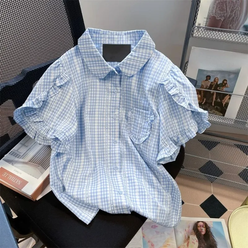 DAYIFUN Japanese Doll Neck Shirts Women's Ruffled Plaid Design Blouses Summer French Retro Sweet Bubble Sleeve Blusas Lady Tops