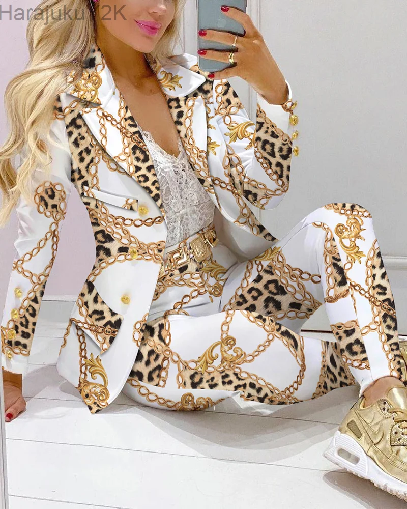 

2023 Femme Formal Jacket & Trousers Office Lady Outfits Autumn Women two Pieces set Chain Print Blazer Coat & Pants Suit Sets