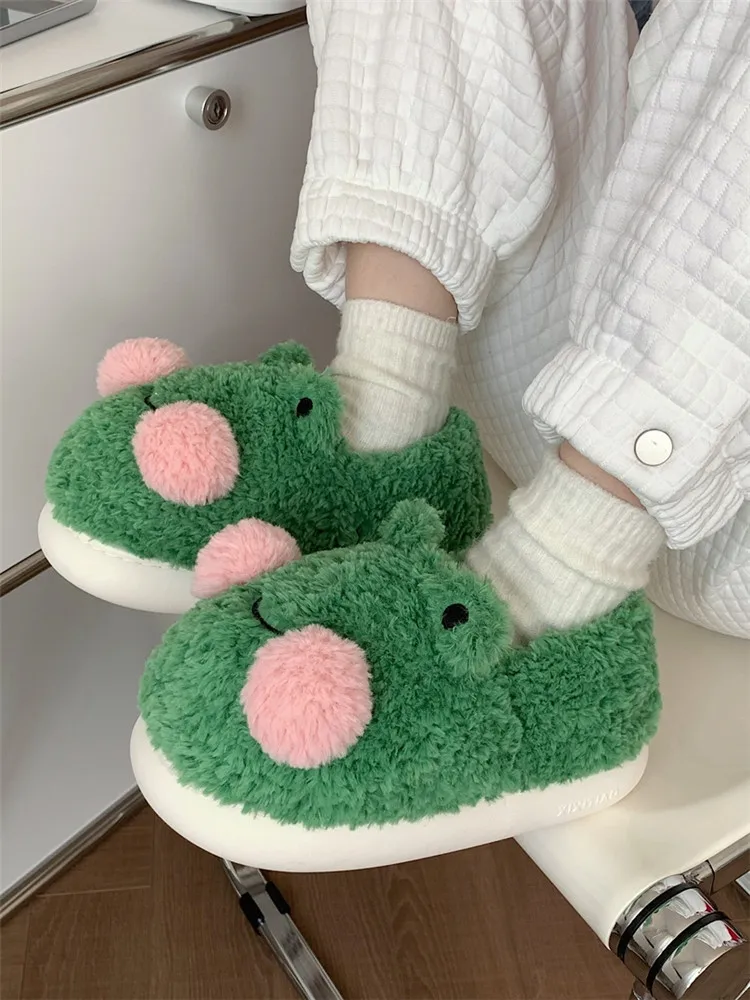 

Cute Frog Cotton Home Slippers Women 2022 Winter Men And Women's Indoor Anti-skid Thick Soled Warm Woolen Household Shoes