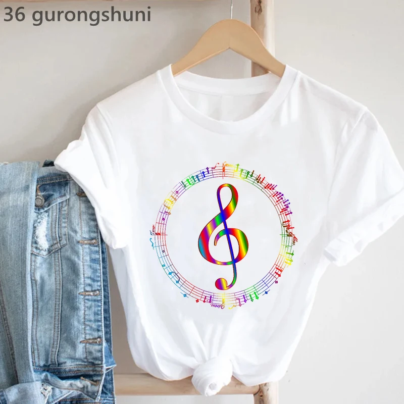 Regenbogen Musik Hinweis Drucken T-Shirt Frauen Kleidung Lustige Weiße T-shirt Femme Musik Liebhaber T-shirt Weibliche Harajuku Shirt Streetwear – Detail 7