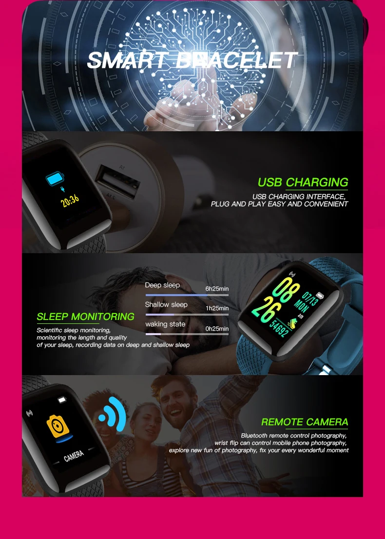 116Plus Smart Bracelet 1.44  Inch Screen Sport Bracelet Pedometer Bluetooth Reminder and Heart Rate Blood Pressure for Fitness