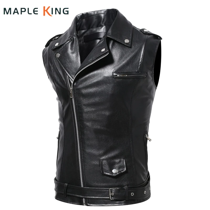 

Motorcycle Sleeveless Leather Jacket Men Fashion Zipper Lapel Slim Fit Veste Moto Cuir Outwear Rock Punk Mens Leather Waistcoat