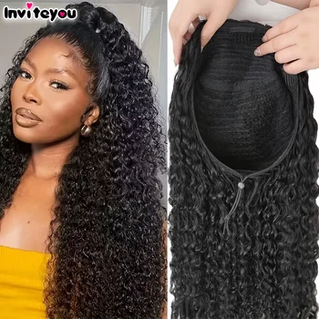 Mezza Parrucca Migliorata 3 in 1 con Capelli Umani Remy Ondulati, Ricci a Onda d'Acqua, con Cordoncino, Clip Senza Cuciture, Senza Colla, Antiscivolo, Effetto Naturale