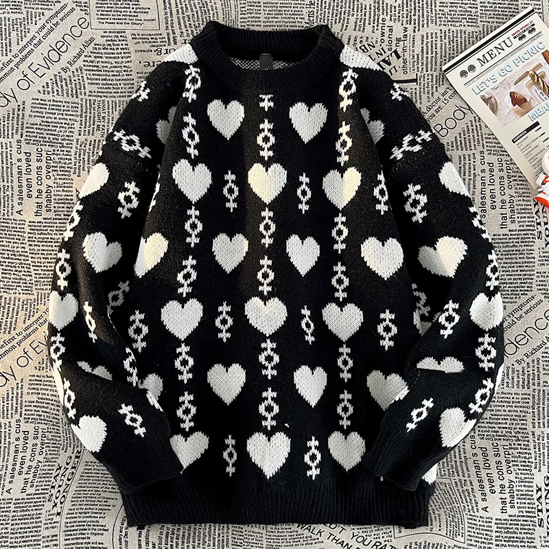 Men's Autumn Love Embroidered Sweater Crewneck Knitted Long-sleeved Versatile Cardigan Casual Men's Warm Sweater