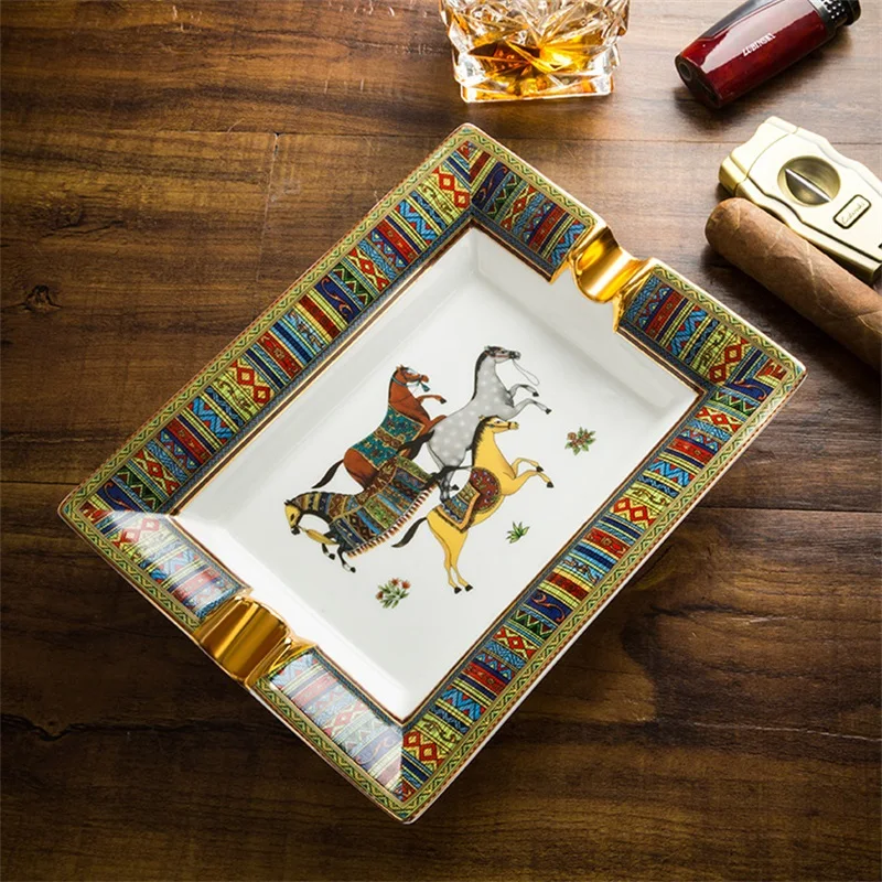 Ceramic Cigar Ashtray Simple Large Home Living Room Decoration Tabacco Ash Holder Tray Green Horse Gift Box Package CA-023