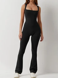 New Fashion Womens Full-Length Tank Jumpsuit Solid Color Long Sleeve Low Cut Square Neck Bodycon Romper For Yoga S-XL