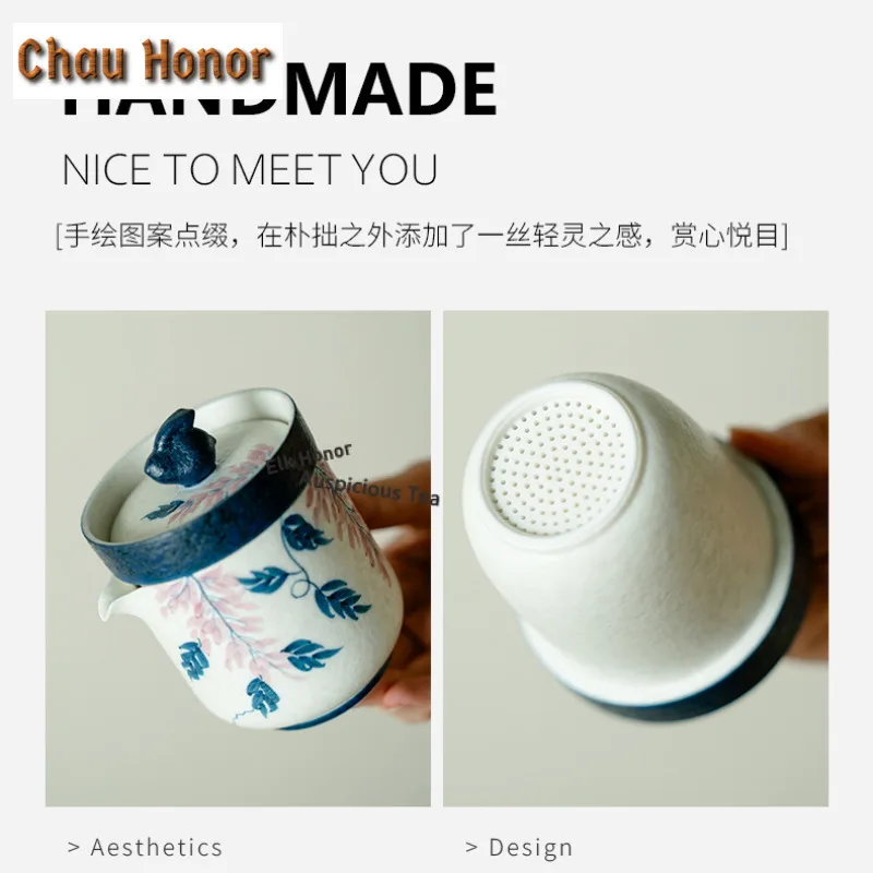 Hand-painted Wisteria Flower Travel Tea Set Kit Luxury 1 Pot 3 Cups Tea Brewing Organizer Portable Picnic Handbag Supplies Gift