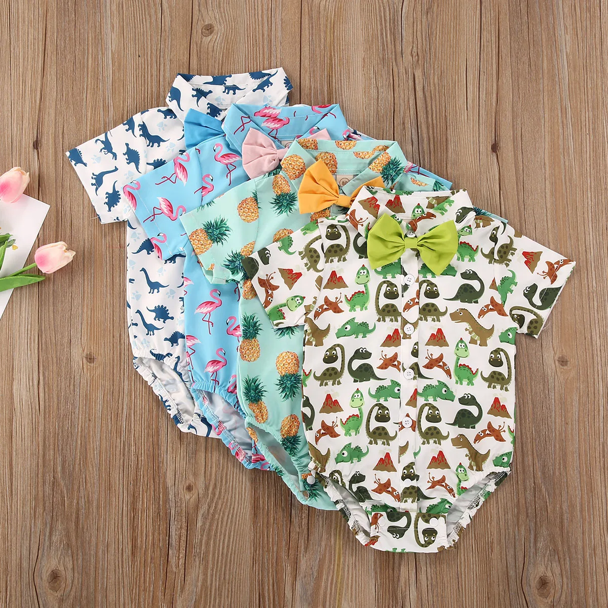 

Newborn Baby Boys Jumpsuit Casual Short Sleeve Cartoon Printed Romper+Solid Color Bow Tie 0-18 Months Hot Sale