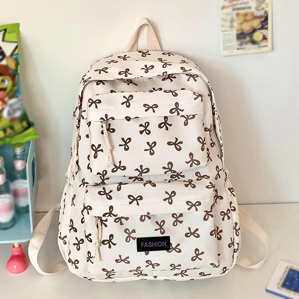 Bow Print Bookbag Preppy Travel Daypack Middle School Bag for Teen Girls