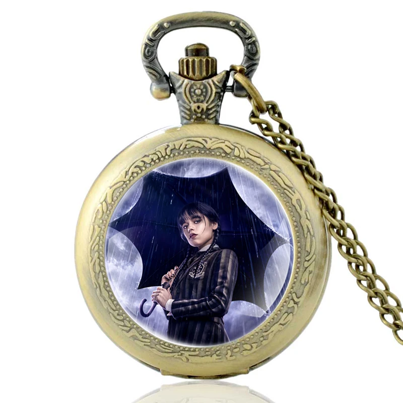 

Retro Bronze Wednesday Addams Sign Glass Cabochon Quartz Pocket Watch Vintage Men Women Pendant Necklace Watches Gifts