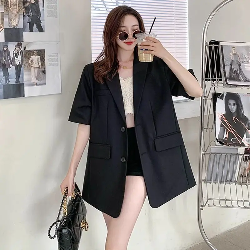 

Luxury Short Sleeves Blazers Women Office Coat Single-breasted High-end Suits Summer Thin Cardigan Tops Black White Blazer