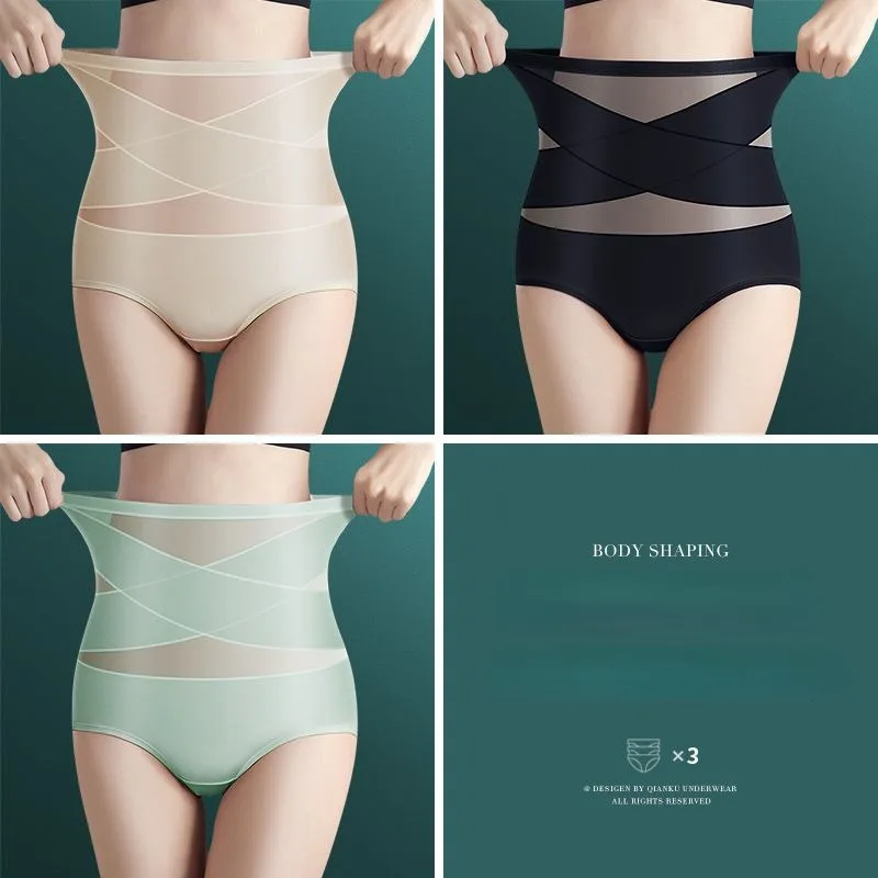 2023 New Women High Waist Ice Silk Sexy Underwear Ladies Graphene Cotton Crotch Antibacterial Plus Size Body Shaping Belly Pants