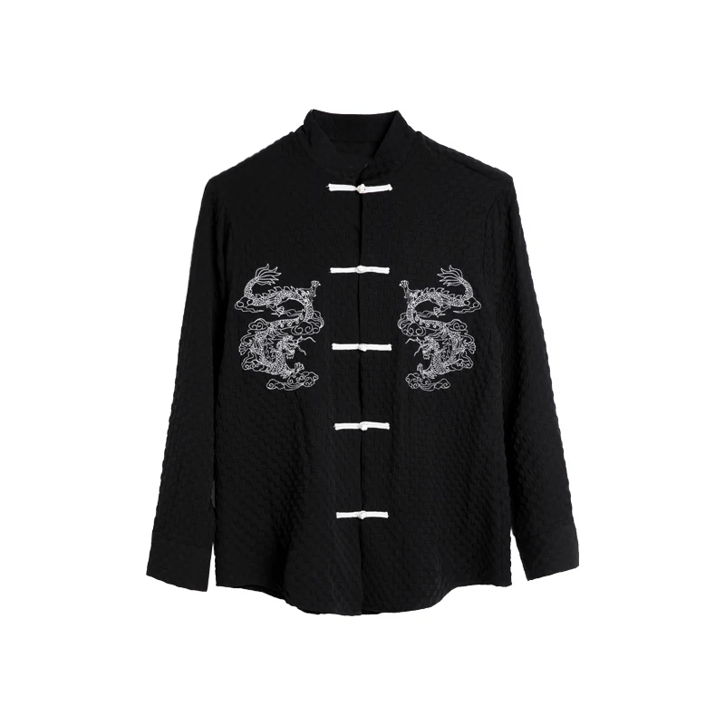 Chinese Style Button Antique Shirt Men's Stand Collar Chinese Dragon Pattern Embroidered Coat