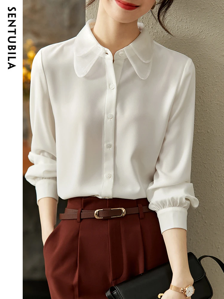 

Sentubila White Shirts & Blouses for Women Spring Autumn Fashion Long Sleeve Button Up Shirt Mesh Spliced Tops Ladies 123C44917