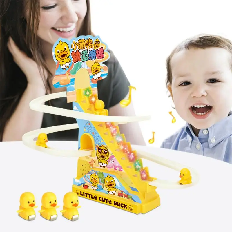 Electric Duckling Stair Climbing Toys Blinking Led Lights Rail Car Playful Roller Coaster Toy With 3 Duck Led Flashing Lights electric duck climbing stairs toy kids roller coaster diy rail racing track slide music educational puzzle children toys