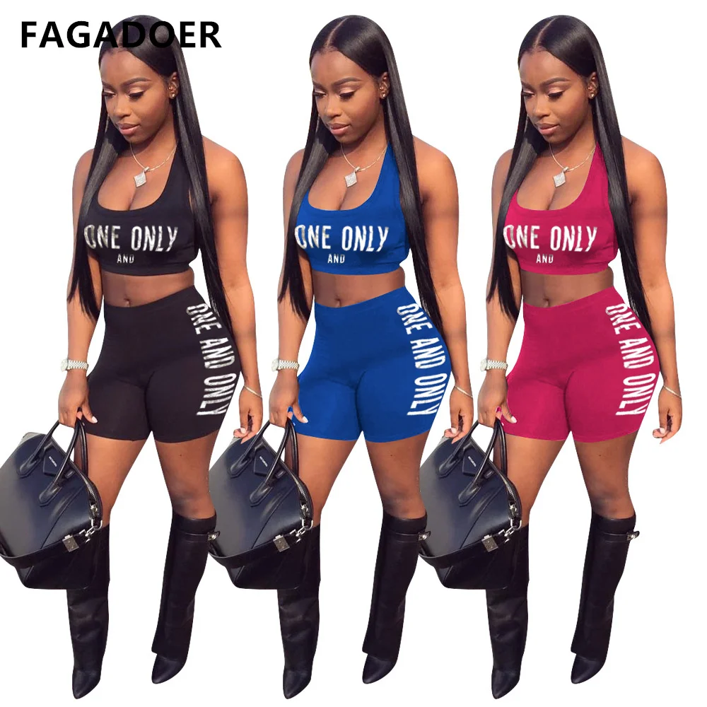 FAGADOER Casual Sports Two Piece Set Women Letters Print Vest + Shorts Tracksuits Female Fashion 2pcs Streetwear 2022 Summer New