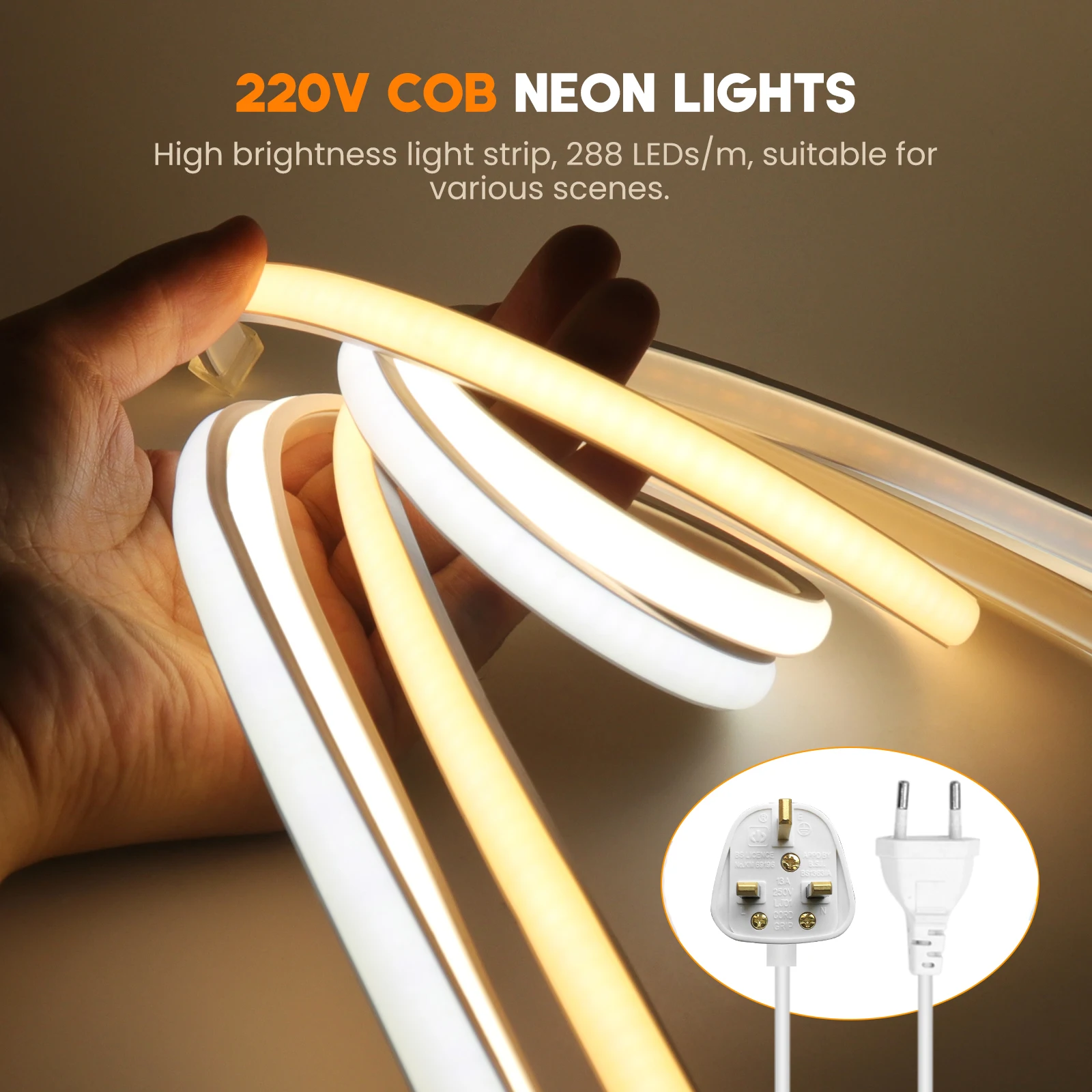 

COB LED Neon Strip Light 220V EU UK Power Plug High Density 288LEDs/m Flexible Ribbon IP67 Waterproof LED Tape Linear Lighting