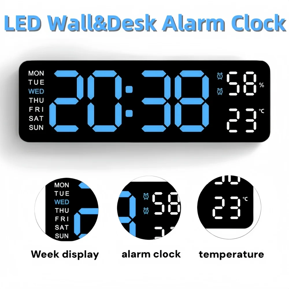 9 Inch Large Digital Wall Clock Temperature and Humidity Week Display Brightness Adjustable 12/24H Electronic LED Table Alarm Cl