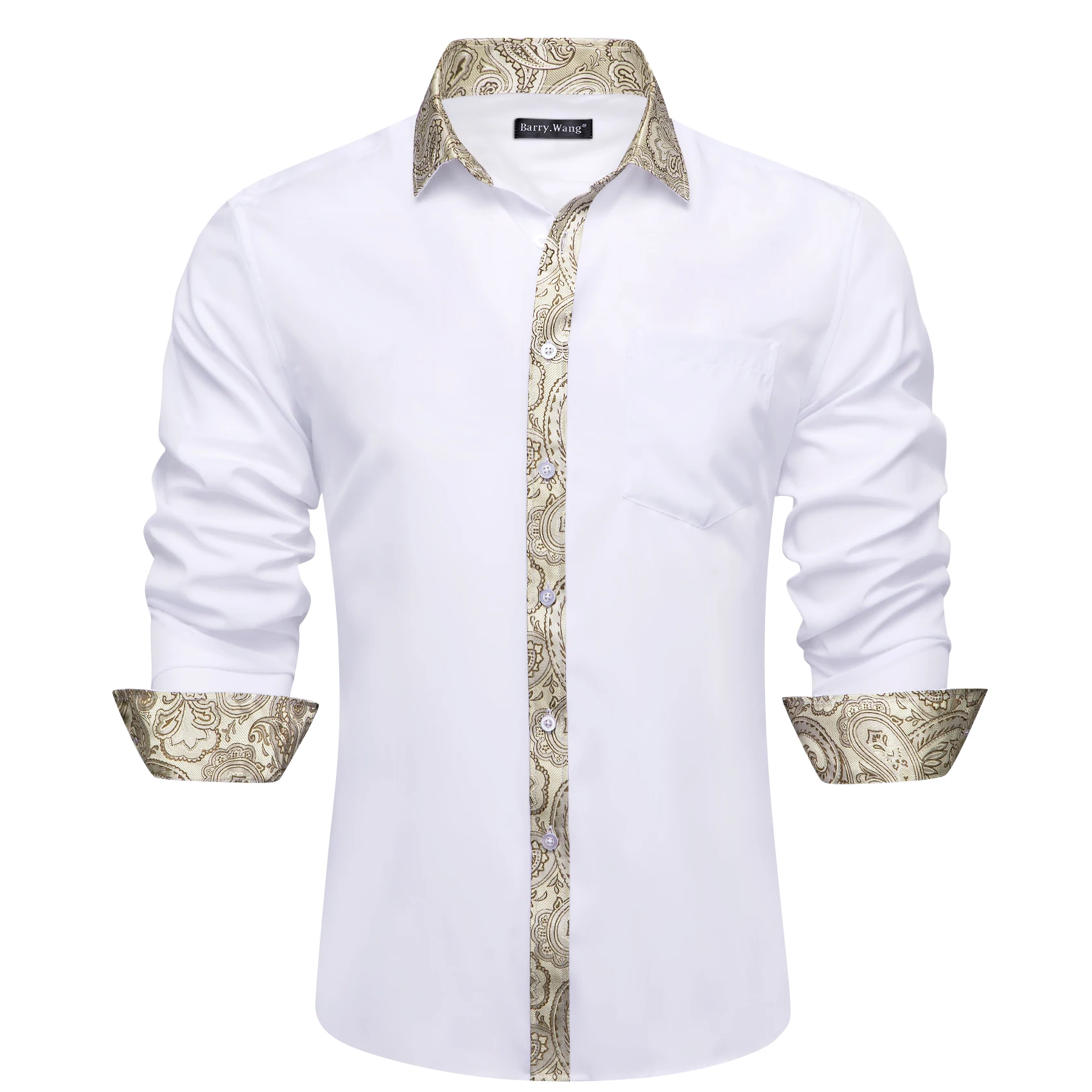 Luxury Shirts for Men Silk Long Sleeve White Brown Solid Paisley Patch Slim Fit Male Blouses Casual Turn Down Collar Barry Wang