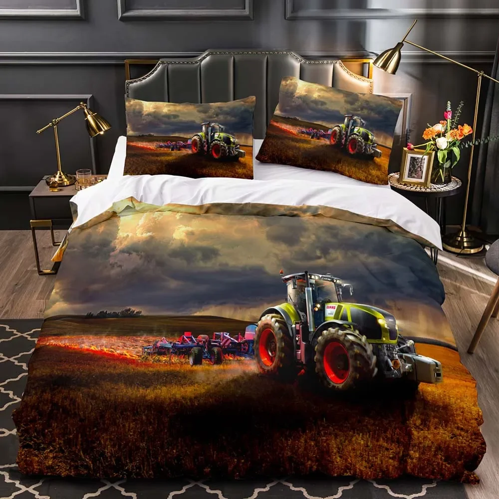 Boys Tractor Printed Bedding Set Men Construction Cars Pattern Comforter Cover For Kids Heavy Machinery Vehicles Duvet Cover
