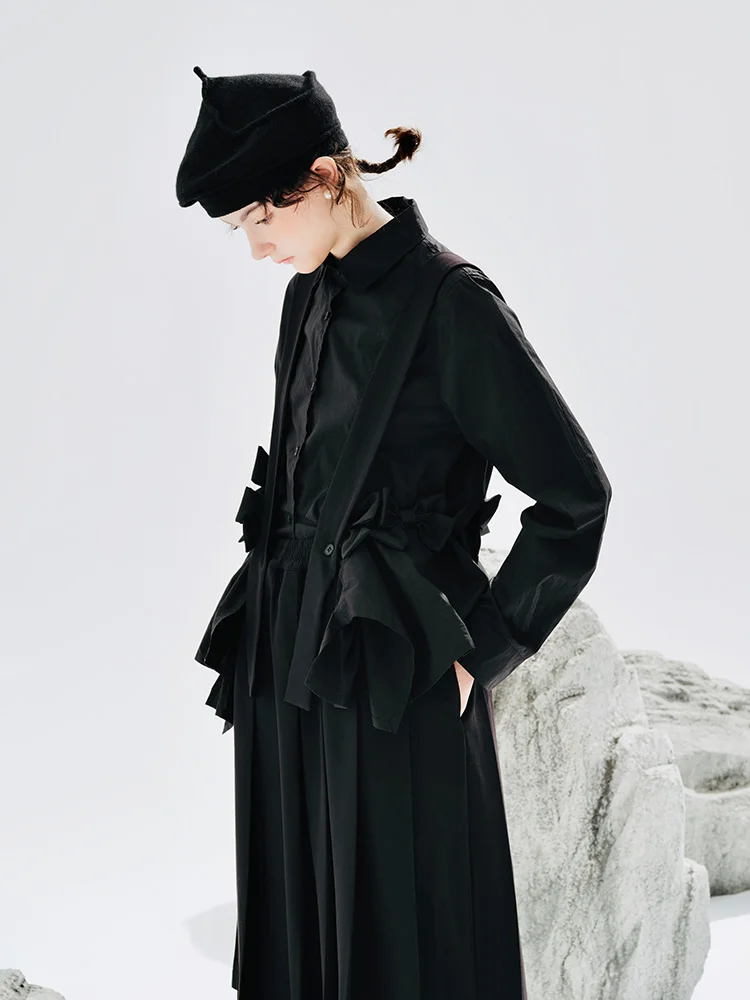 imakokoni 2023 early fall new bow black long-sleeved shirt women's design sense niche 234220