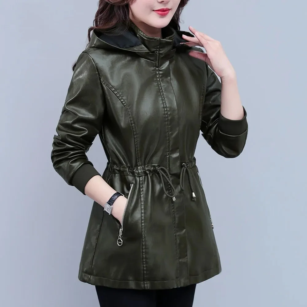 

Куртка женская демисезонная из экокожи с капюшоном, на молнии, 4XL