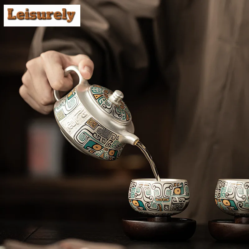 Gilt Silver Taotie Pattern Rotatable Tea Set Complete Set Luxury Tea Ceremony Set Teapot and Tea Cup Set Chinese Tea Set Craft