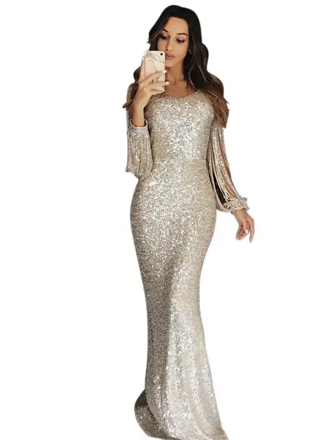 Women's European and American Long Dress Evening Dress Long Sleeve Tassel Dinner Dress 5