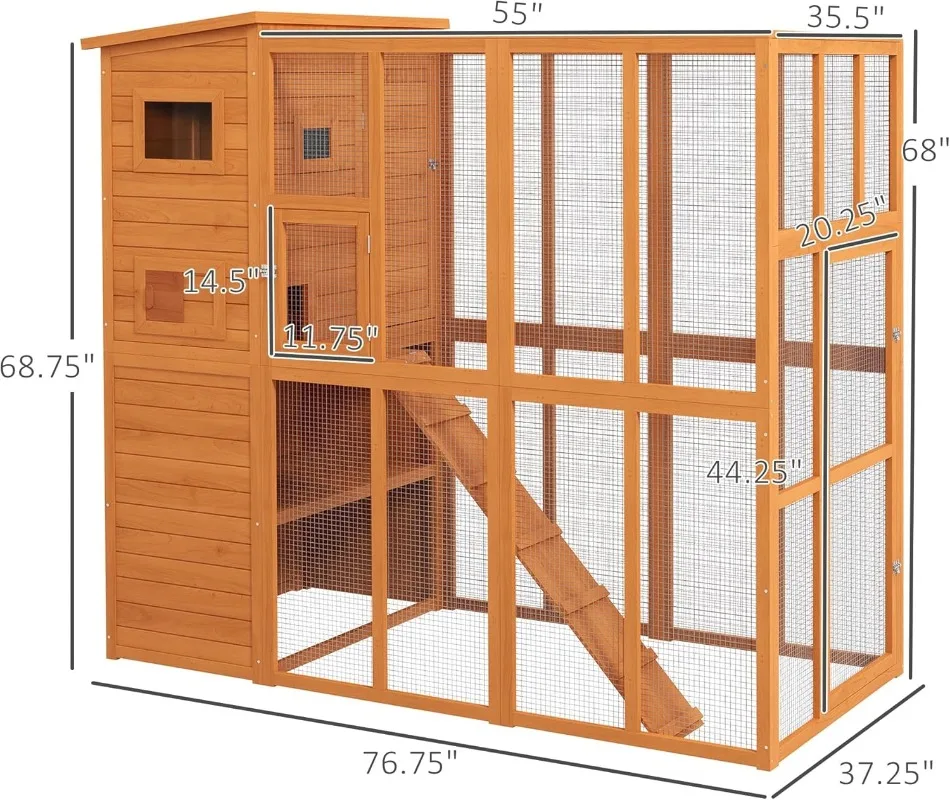 Outdoor Catio Cat House Wooden Feral Cat Shelter Cage with Platforms Waterproof Asphalt Roof Ramps 77" L Natural