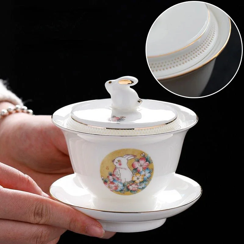 Chinese Kung Fu Teaware 360 &deg; Filtered Tea Bowl Sheep Fat Jade White Porcelain Gaiwan Anti Scalding Design Ceramic Tea Cup Set tea set