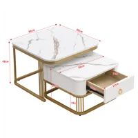 Anajqaqia Ensemble de table basse empilable 2 pièces, finition marbre brillant, table d'appoint avec 1 tiroir de rangement et cadre en métal doré 6