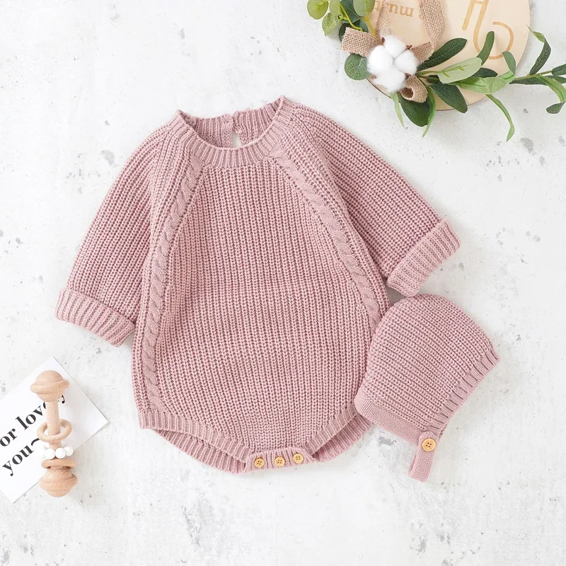 

Baby Bodysuits Autumn Knit 2pc Infant Girl Boy Jumpsuit Long Sleeve Newborn Clothes Hat 0-18M Overalls Tops Fashion Solid Romper