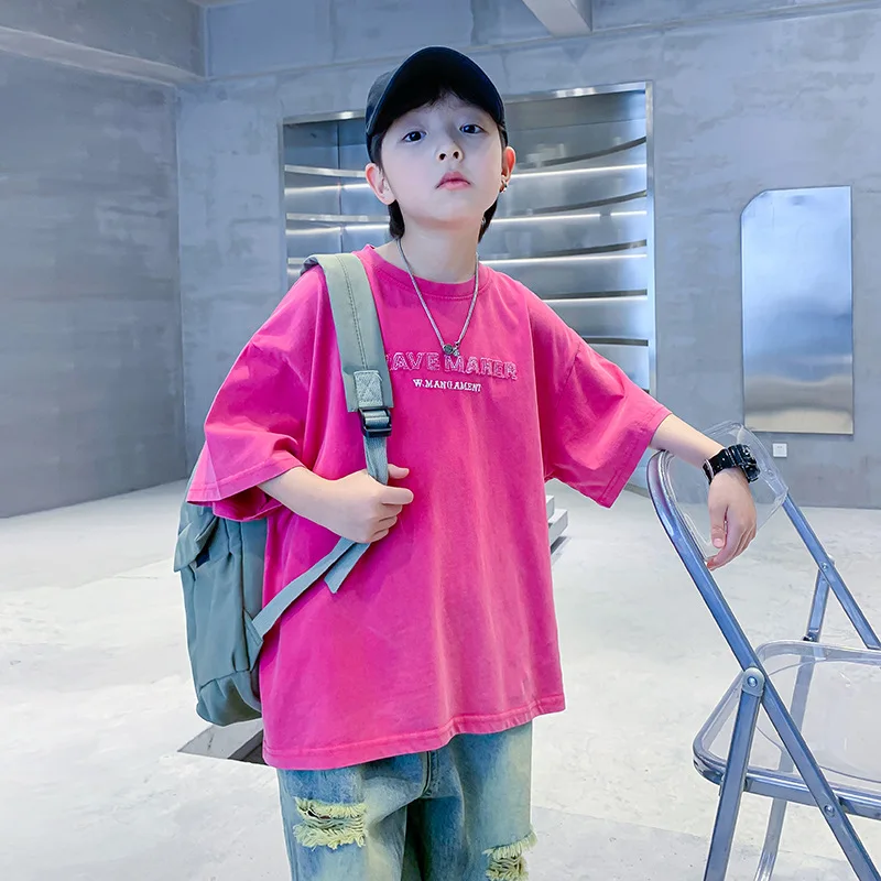 Boy Summer Clothing Rose Pink Cotton Short SleeveTT-shirt2024New Children's Boys' Summer Fried Street Half Sleeve Shirt Fashion