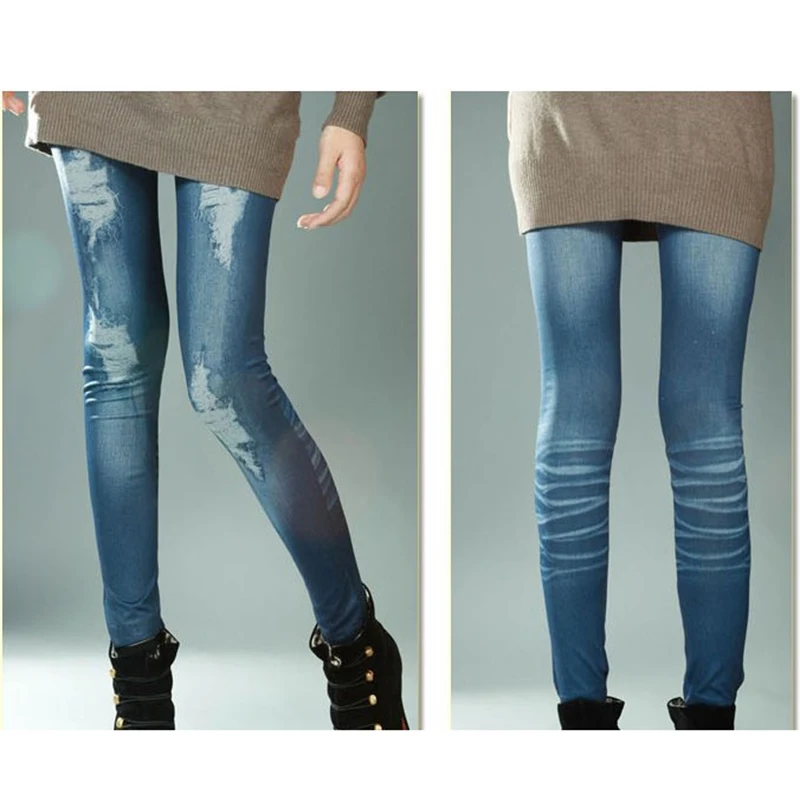 Sexy astic Imitation Jeans Leggings High Waist Pants Fitness Sport Fashion  Hole Type Printing Faux Denim Jeans Slim Leg Mujer