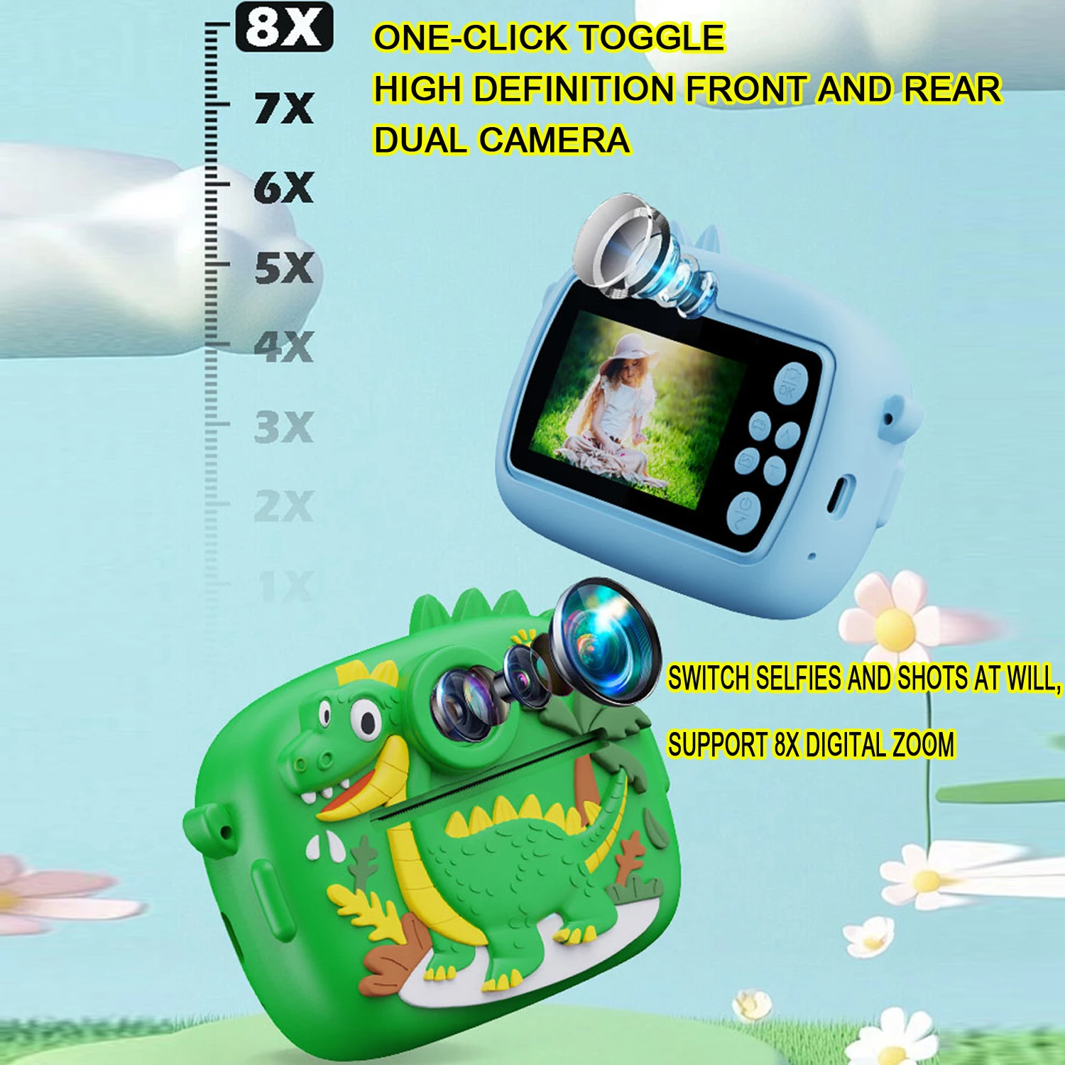 Kids Instant Print Camera1080P HD Dual Cameras Cute Little Dinosaur Shape Digital Camera Thermal Print for Boys Girls Gift