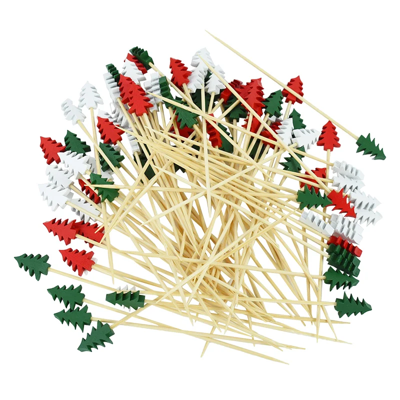 50/100Pcs Einweg Weihnachten Bambus Essen Picks Zahnstocher Santa Elch Dessert Buffet Obst Salat Sticks Weihnachten Party Decor – Detail 4