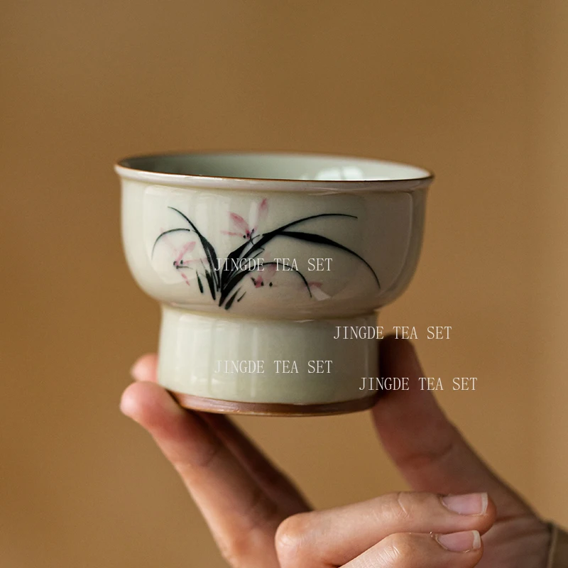 Grass and Ash Hand-painted Orchid Ceramic High Footed Master Cup Single Kung Fu Tea Set Tea Tasting Cup High Footed Tea Cup