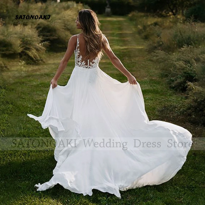 Customized Elegant Boho Side Split Lace V-Neck Chiffon Wedding Dresses for Women A-Line Sweep Train Backless Vestidos De Novia