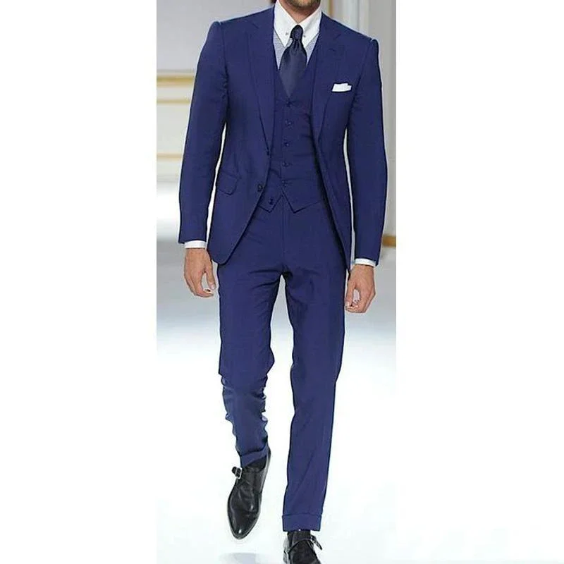 

2024 Blue Fashion High Street Men Suit Casual Slim Fit Notch Lapel Blazers Hombre High Quality Custom 3 Piece Set Costume Homme
