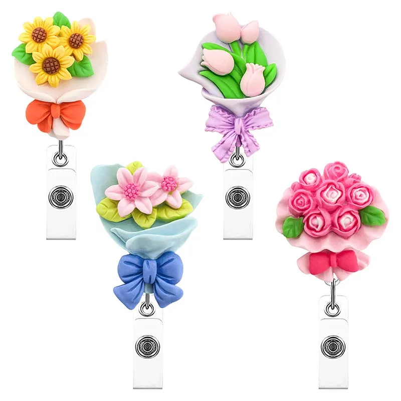 

Beautiful Resin Bouquet Nurse Doctor Hospital Badge Reel Retractable ID Badge Holder With 360 Rotating Alligator Clip