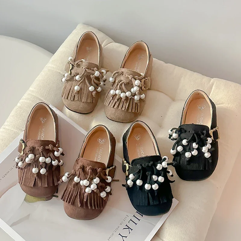 Girls Leather Flat Shoes Princess Tassel Moccasins