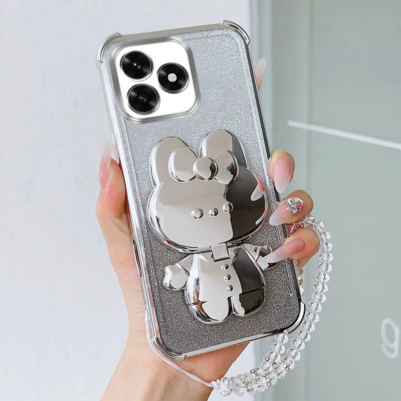 Luxury Shockproof Phone Case with Cute Rabbit Makeup Swivel Stand and Crystal Lanyard