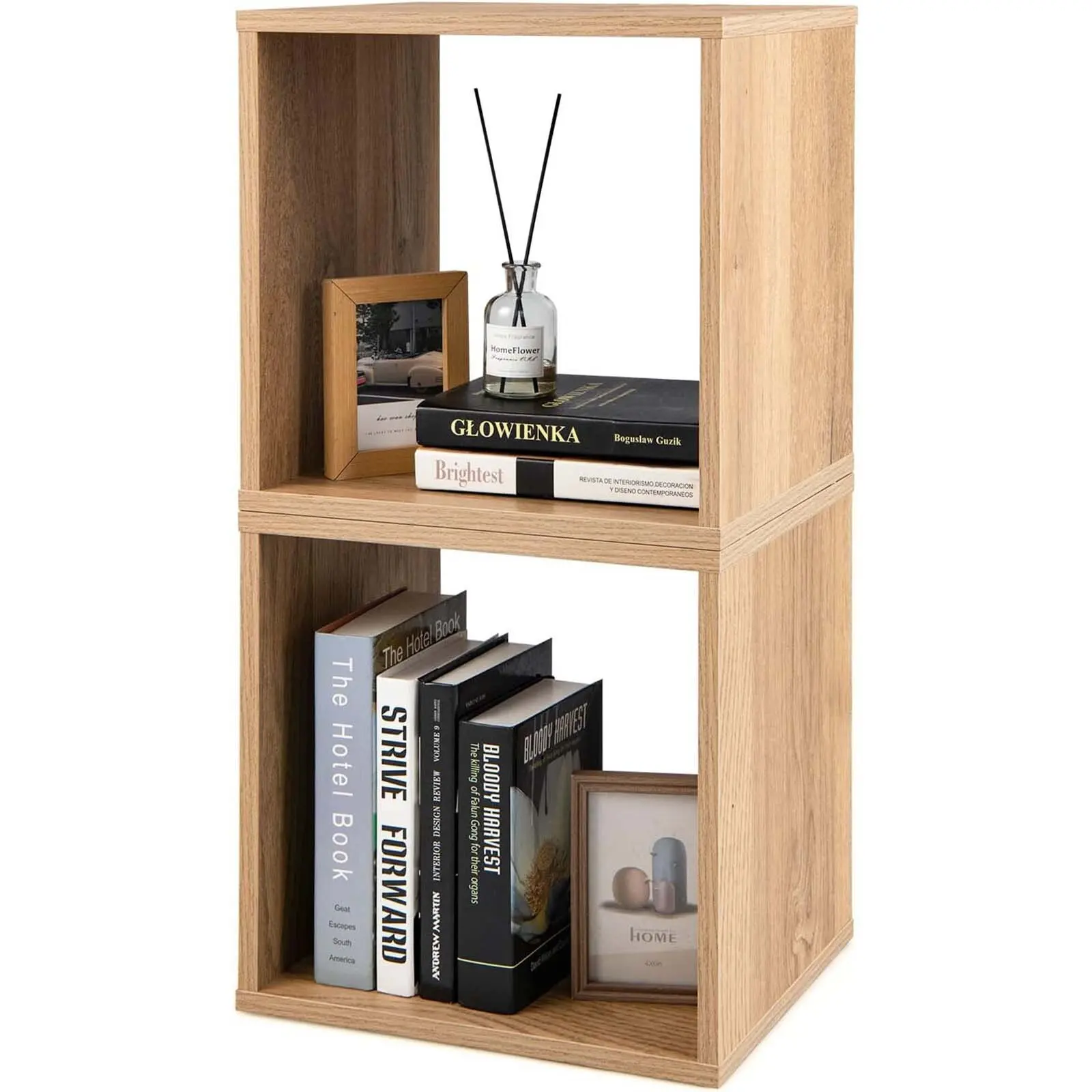 Set of 2 Cube Shelves, Stackable Shelf Cube, Bookcase, Cube Shelf for Living Room, Bedroom, Study, Oak