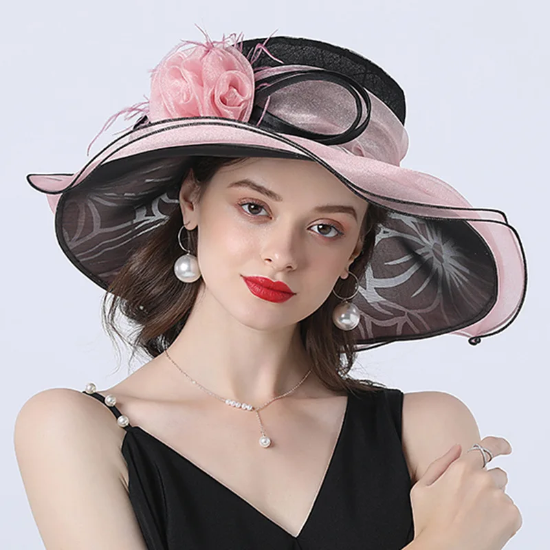 Women Summer Wide Brim Sun Hats Organza Beach Cap Ladeis Fascinator Hat Church Kentucky Derby Wedding Bridal Hat Dress Party Cap 2