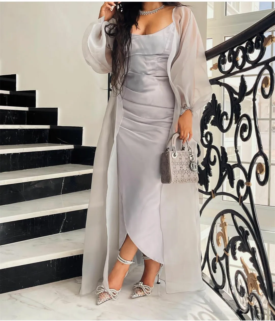 

Vintage Silver Satin Prom Dresses for Evening Party with Jackets فساتين مناسبة رسميLong Sleeve Trumpet Formal Dress for Wedding